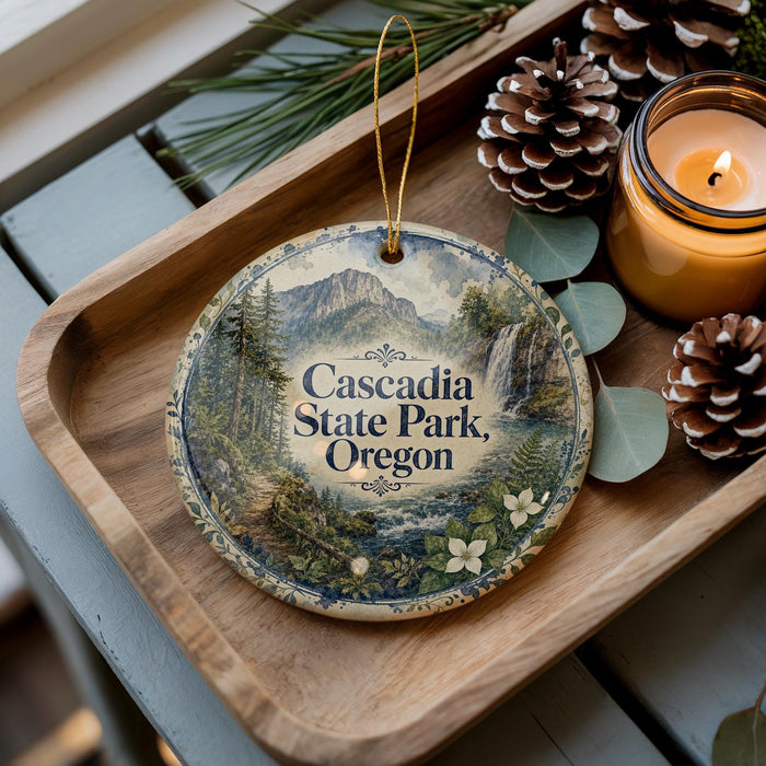 A decorative ornament featuring a scenic landscape of Cascadia State Park, Oregon, with pine cones and a lit candle on a wooden tray.