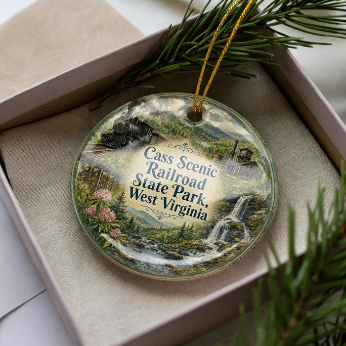 A decorative ornament featuring a scenic image of the Cass Scenic Railroad in Virginia, surrounded by greenery and a waterfall.