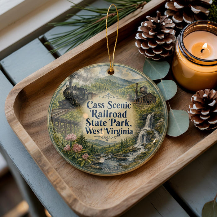 A decorative ornament featuring a train and a scenic landscape, with the text "Cass Scenic Railroad State Park, West Virginia" prominently displayed.