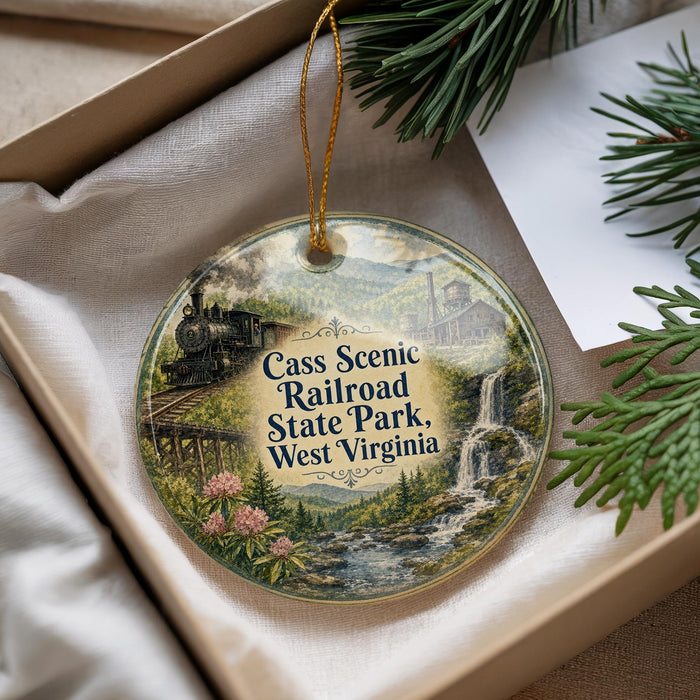 A decorative ornament with a scenic image of a train and a waterfall, surrounded by greenery, placed in a box.