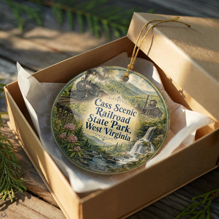 A decorative ornament in a wooden box, featuring a scenic image of a railroad and a waterfall, with the text "CASS Scenic Railroad State Park, West Virginia" printed on it.