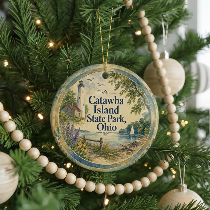 A round ornament hanging on a Christmas tree, featuring a lighthouse and a scenic landscape.