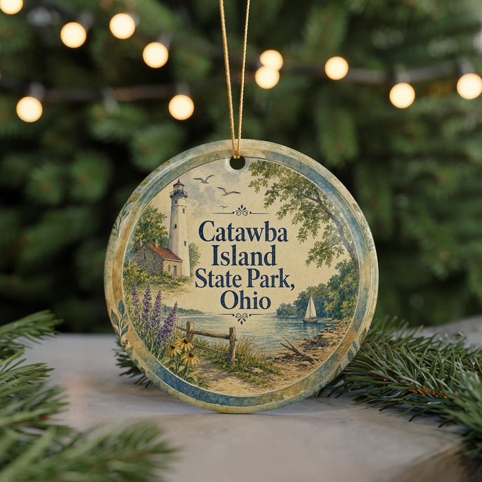 A round ornament with a lighthouse and a boat on a lake, surrounded by greenery and a string of lights.