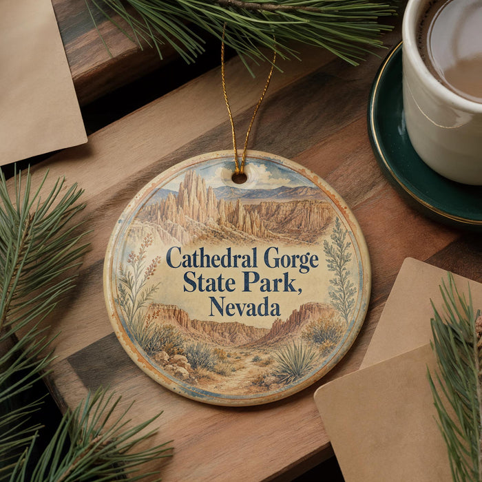 A decorative ornament with the text "Cathedral Gorge State Park, Nevada" on it, surrounded by pine branches and a cup of coffee on a wooden surface.