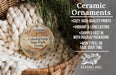Ceramic ornaments, specifically those featuring the Cathedral Gorge State Park in Nevada, are displayed in a basket. The text highlights the ornaments as cozy, high-quality prints with vibrant and long-lasting vibrancy, and mentions that they are shipped fast in holiday packaging, preventing peeling or fading over time. The image also includes a logo for the Flying Pig sign company.
