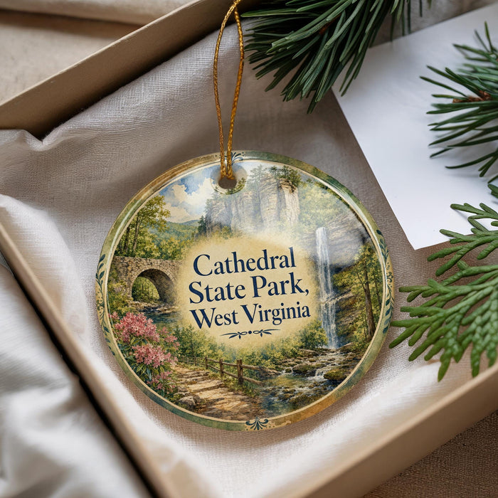 A decorative ornament with a scenic image of a waterfall and a stone bridge, surrounded by greenery, placed in a box.