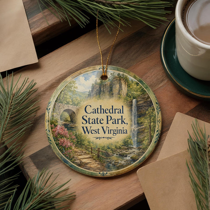 A decorative ornament featuring a scenic landscape of Cathedral State Park in West Virginia, with a waterfall and a bridge in the background.