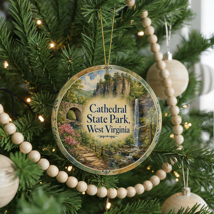 A Christmas tree decorated with ornaments, including a circular ornament with a scenic image of the Cathedral State Park in West Virginia.