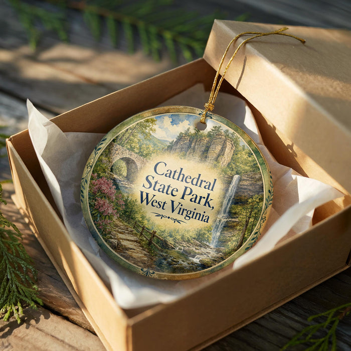 A decorative ornament in a box, featuring a scenic landscape with a waterfall and a bridge, with the text "Cathedral State Park, West Virginia" printed on it.