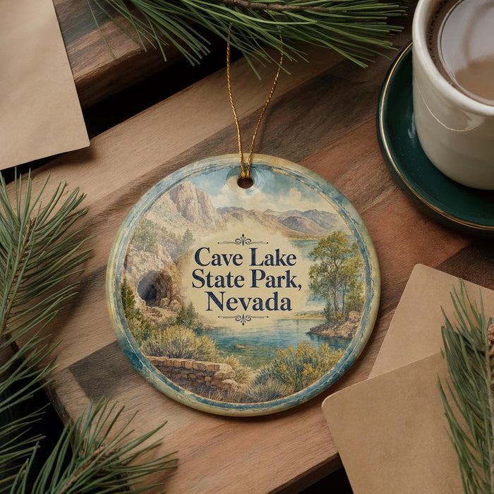 A decorative ornament with a scenic landscape of Cave Lake State Park, Nevada, featuring mountains, trees, and a lake.