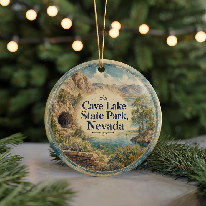 A round ornament with a scenic landscape of a cave, mountains, and water, featuring the text "Cave Lake State Park, Nevada".