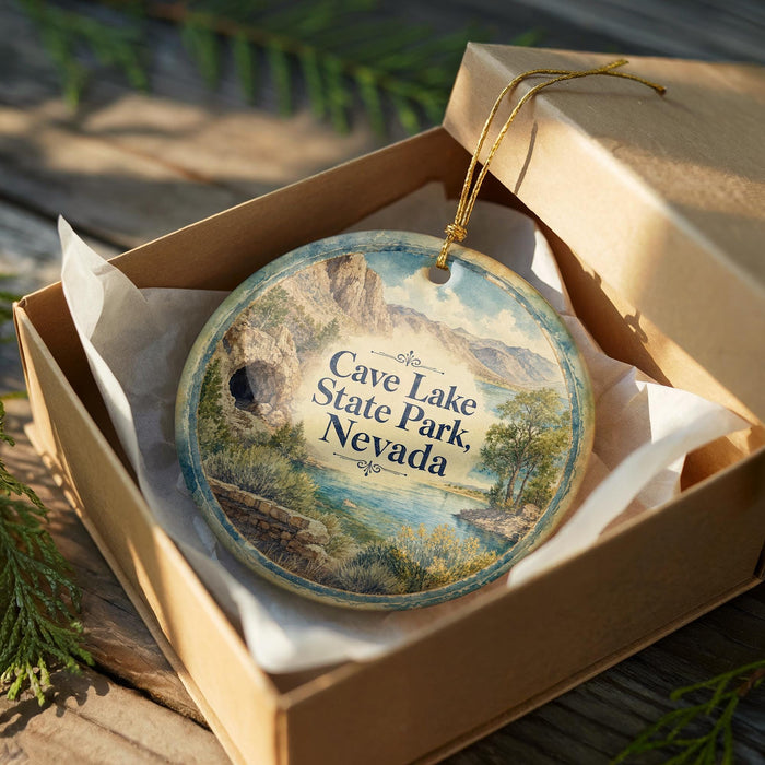 A decorative ornament in a box, featuring a scenic landscape with mountains, water, and greenery.