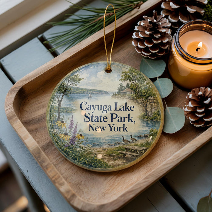 A decorative ornament featuring a scenic view of Cayuga Lake State Park in New York, with pine cones and a lit candle on a wooden tray.