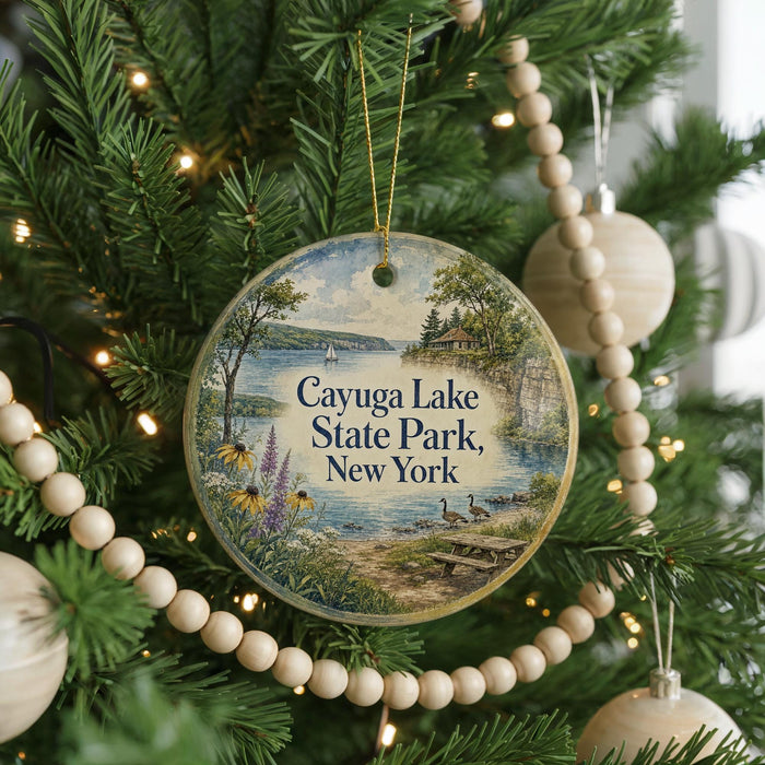 A round ornament hanging on a Christmas tree, featuring a scenic image of Cayuga Lake State Park in New York.