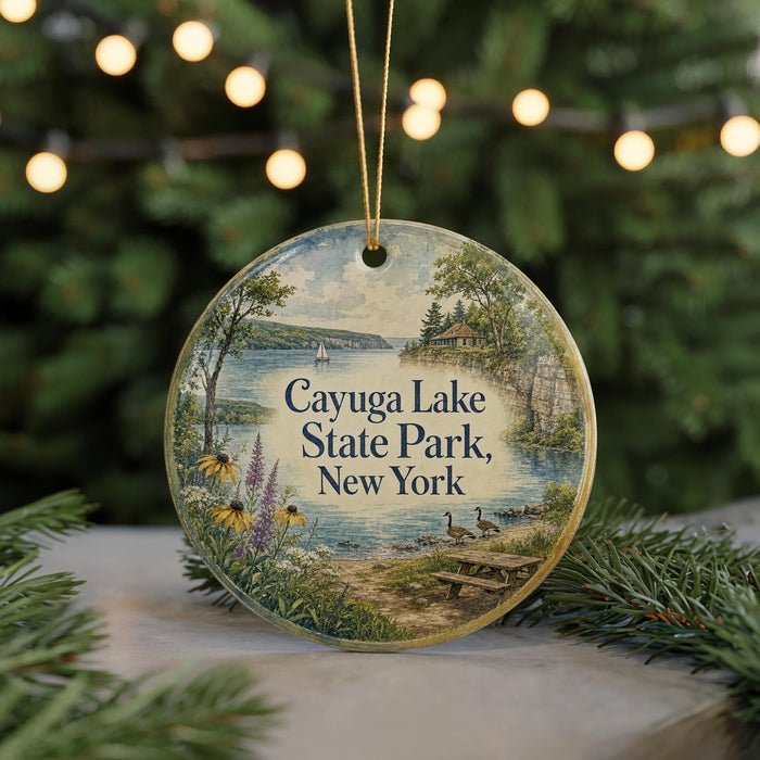 A round ornament with a scenic image of Cayuga Lake State Park, New York, featuring a lake, trees, and a picnic area.