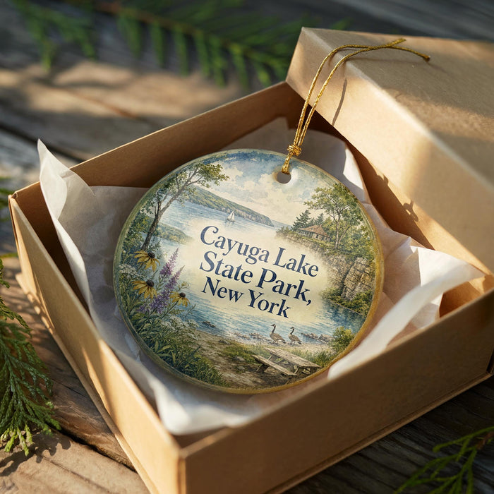 A decorative ornament in a box, featuring a scenic image of Cayuga Lake State Park in New York.