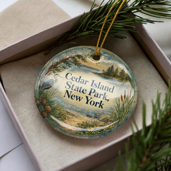 A decorative ornament in a box, featuring a scenic landscape with pine trees, a lake, and a bird.