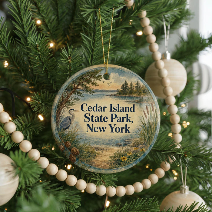 A round ornament hanging on a Christmas tree, featuring a scenic image of a lake and trees, with the text "Cedar Island State Park, New York" displayed on it.