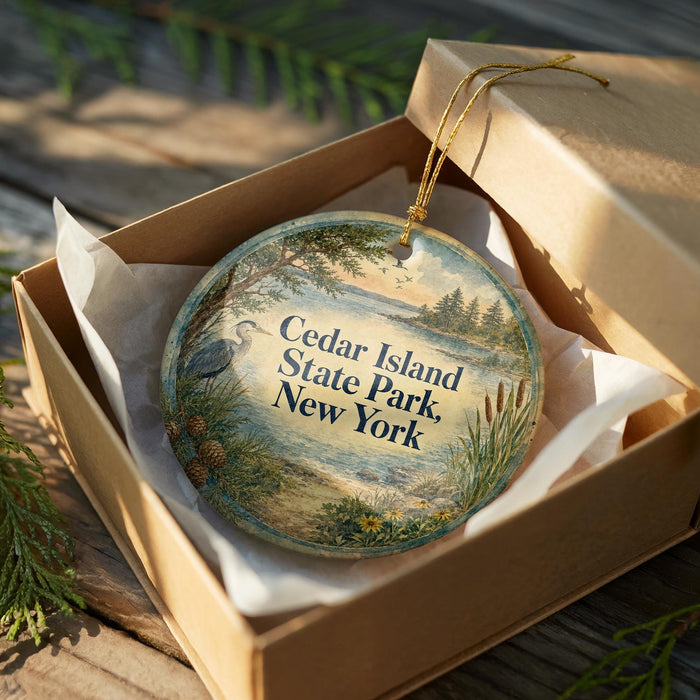 A decorative ornament in a box, featuring a scenic landscape of Cedar Island, New York.