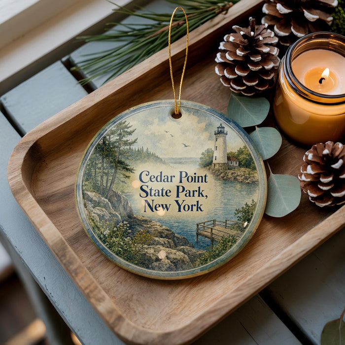 A wooden tray with a decorative ornament featuring a lighthouse and a scenic landscape, accompanied by pine cones and a lit candle.