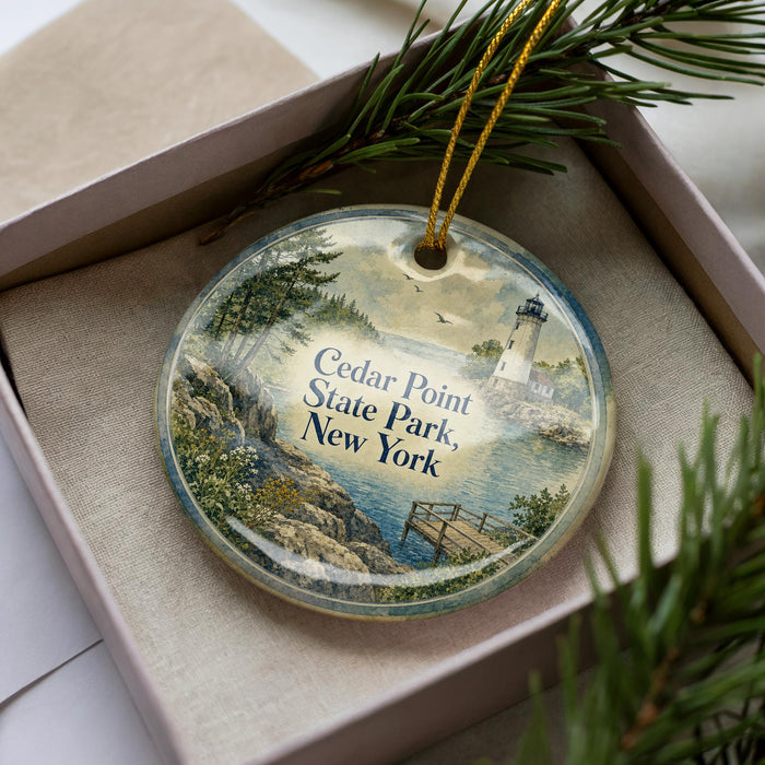 A decorative ornament in a box, featuring a scenic landscape with a lighthouse and a body of water.