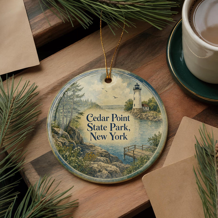 A decorative ornament featuring a lighthouse and a scenic landscape, with the text "Cedar Point State Park, New York" prominently displayed.