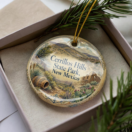A decorative ornament in a box, featuring a scenic landscape of hills, cacti, and a barrel, with the text "Cerrillos Hills State Park, New Mexico" printed on it.