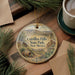 A decorative ornament with a scenic image of Cerritos Hills State Park, New Mexico, featuring a desert landscape with a cactus and a barrel.
