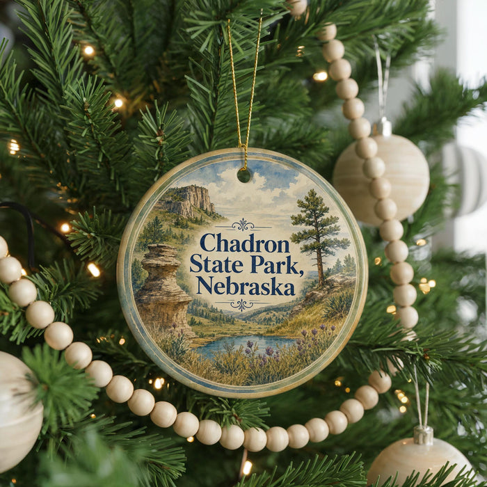 A round ornament hanging on a Christmas tree, featuring a scenic landscape with a mountain and a lake.