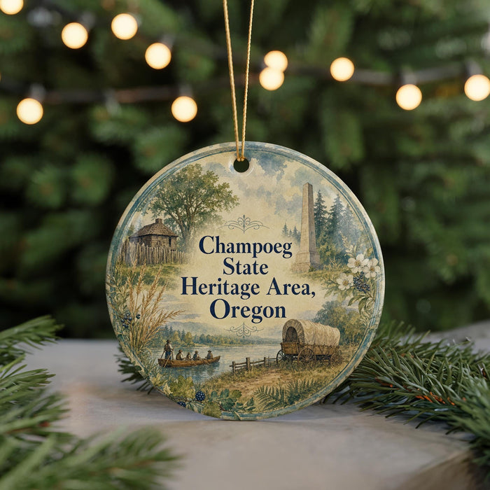 A round ornament with a scenic illustration of a rural landscape, featuring a wagon, a house, and a river, along with the text "Chapogue State Heritage Area, Oregon".