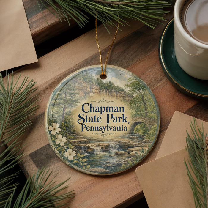 A decorative ornament featuring a scenic image of Chapman State Park in Pennsylvania, surrounded by pine branches and a cup of coffee on a wooden surface.