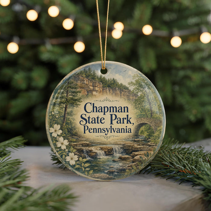 A round ornament with a scenic image of Chapman State Park in Pennsylvania, featuring a waterfall and forest, is displayed against a blurred background of Christmas lights.