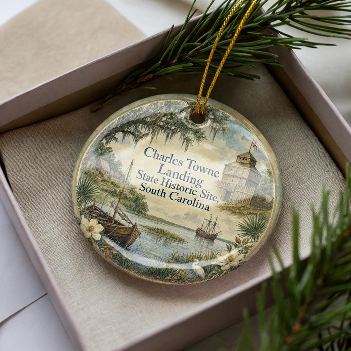 A decorative ornament with a painting of a ship and a building, surrounded by greenery, placed in a box.