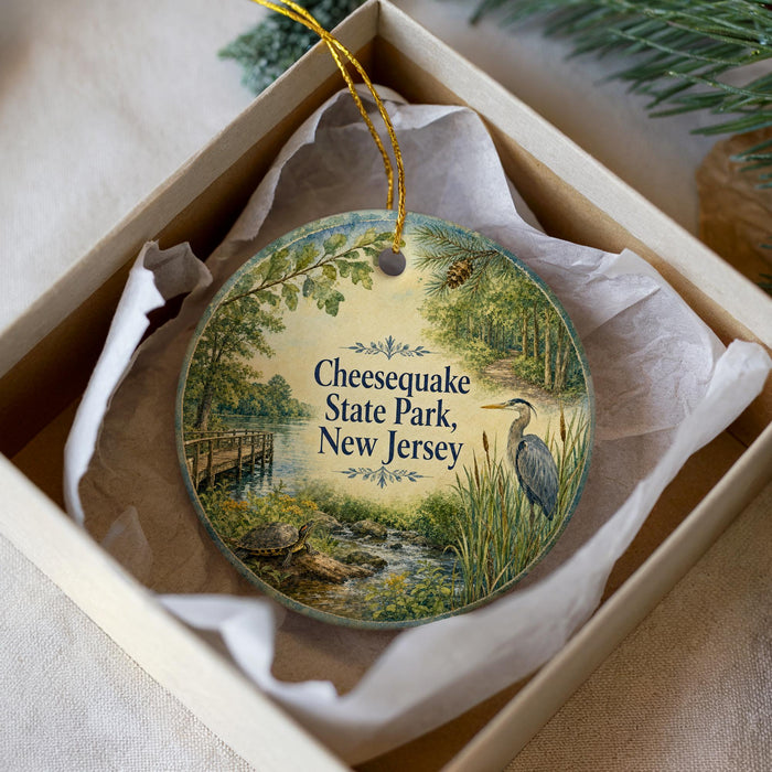 A round ornament with a scenic image of Cheesecake State Park, New Jersey, hanging from a string.