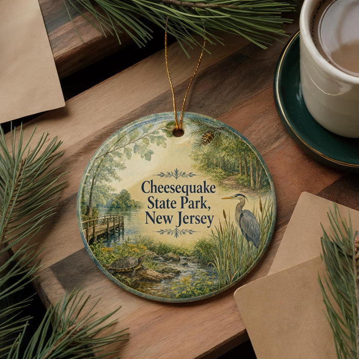 A round ornament with a painting of Cheesecake State Park, New Jersey, hangs on a wooden surface, surrounded by pine branches and a cup of coffee.