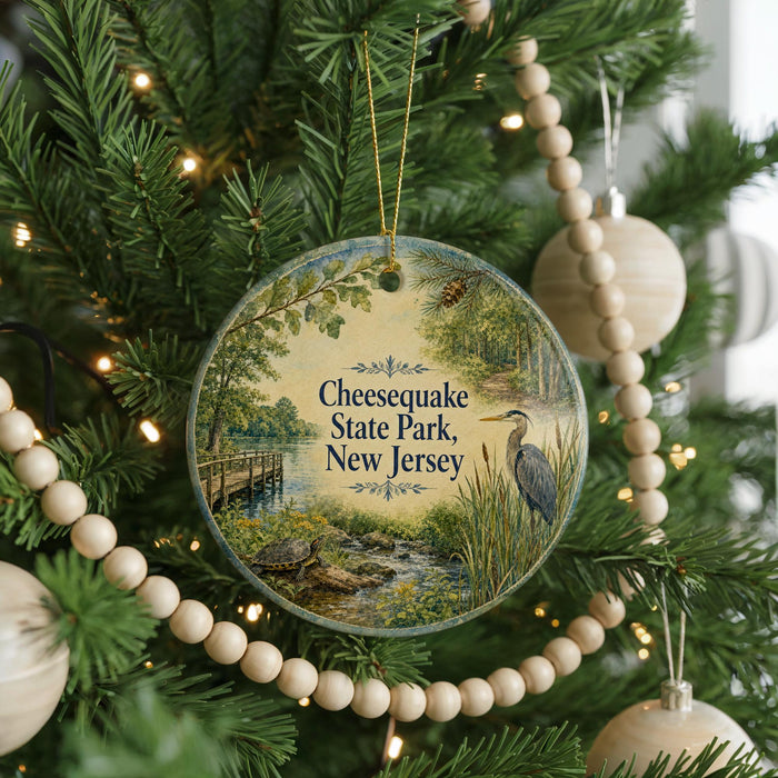 A round ornament hanging on a Christmas tree, featuring a scenic image of Cheesecake State Park in New Jersey.