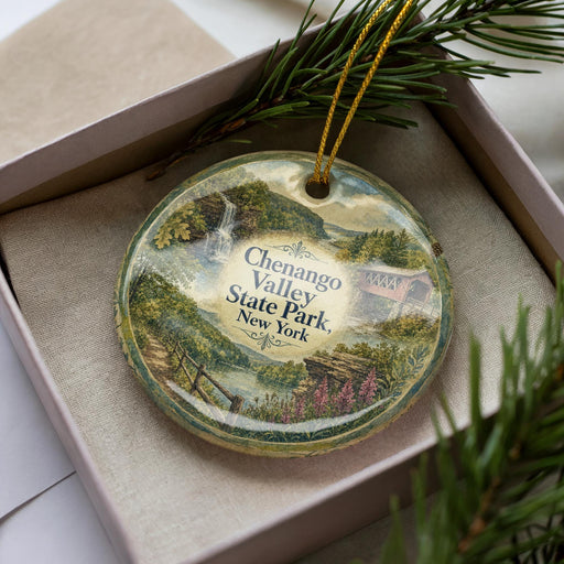 A decorative ornament in a box, featuring a scenic landscape with a waterfall and a bridge.