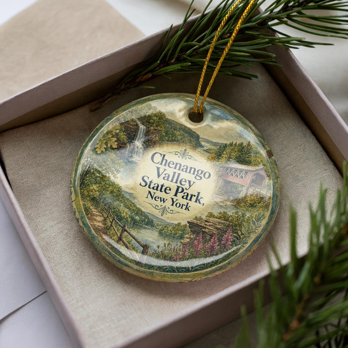 A decorative ornament in a box, featuring a scenic landscape with a waterfall and a bridge.