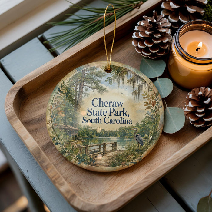 A decorative ornament featuring a scenic image of Cheraw State Park, South Carolina, with pine cones and a lit candle on a wooden tray.