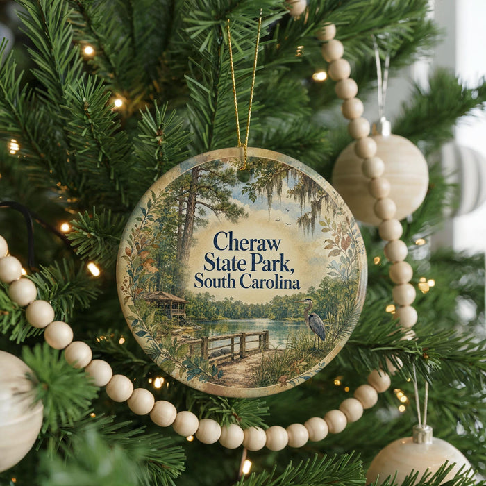 A round ornament hanging on a Christmas tree, featuring a scenic image of Cheeraw State Park, South Carolina.
