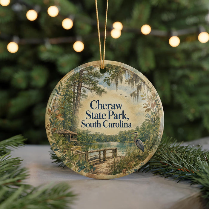A round ornament with a scenic image of Cheeraw State Park, South Carolina, featuring a lake, a bridge, and a bird.