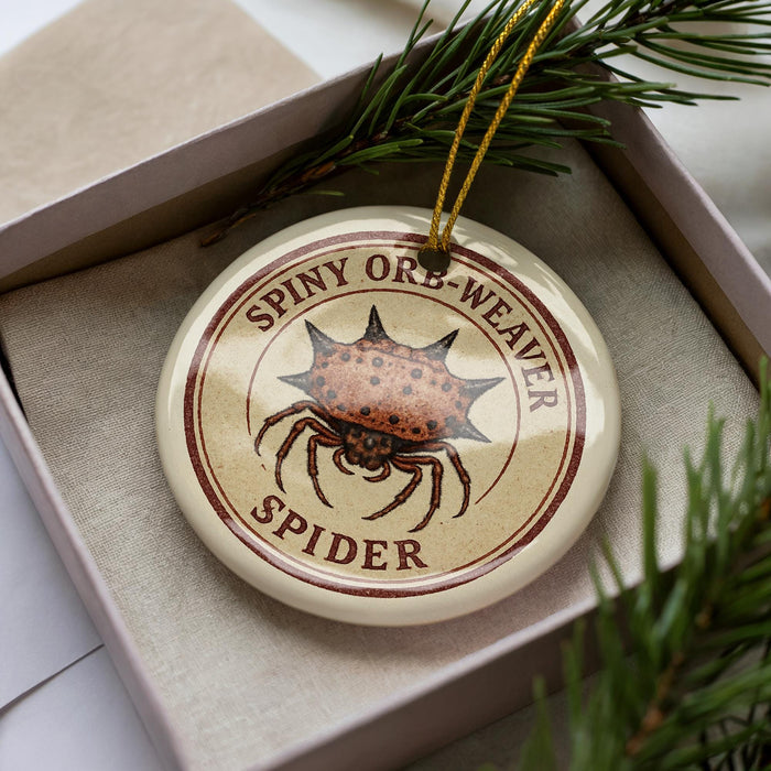 A decorative ornament in a box, featuring a spiny spider image and the text "SPINNY OR WEAVER SPIDER".