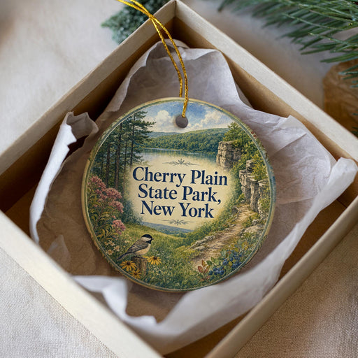 A decorative ornament in a box, featuring a scenic landscape with a bird perched on a branch, surrounded by flowers and greenery.