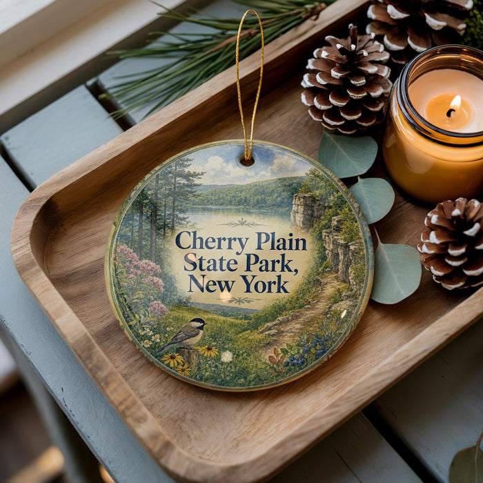 A decorative ornament featuring a scenic image of Cherry Plain State Park, New York, with pine cones and a lit candle on a wooden tray.