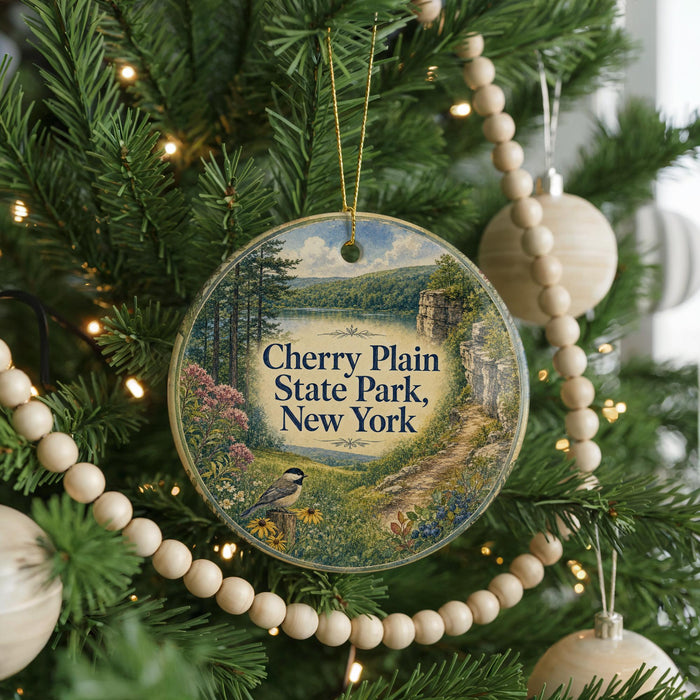 A round ornament hanging on a Christmas tree, featuring a scenic image of Cherry Plain State Park in New York.