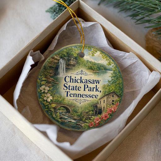 A decorative ornament in a box, featuring a scenic landscape with a waterfall, flowers, and a house, with the text "Chickasaw State Park, Tennessee" prominently displayed.