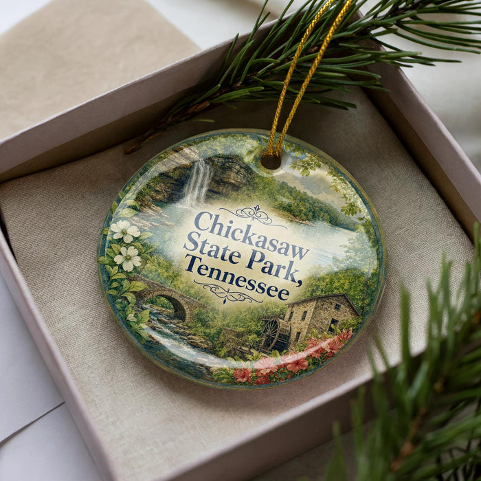 A decorative ornament with a scenic image of Chickasaw State Park, Tennessee, featuring a waterfall, a bridge, and a house surrounded by trees.
