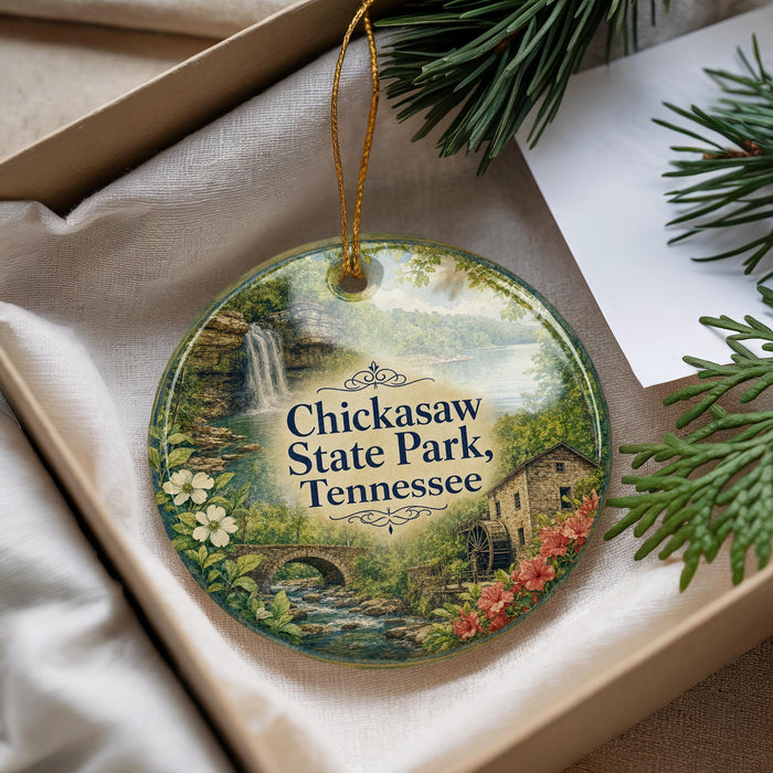 A decorative ornament with a scenic image of Chickasaw State Park, Tennessee, hanging from a string.