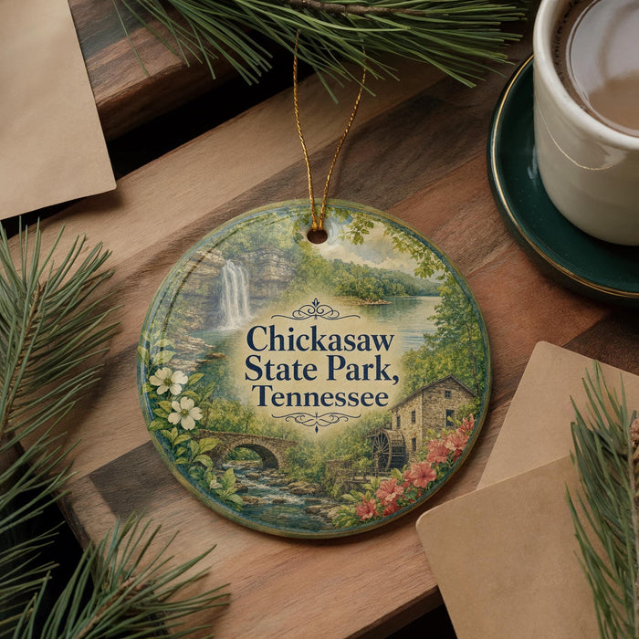 A decorative ornament featuring a scenic landscape with a waterfall, surrounded by pine branches and flowers, placed on a wooden surface next to a cup of coffee.