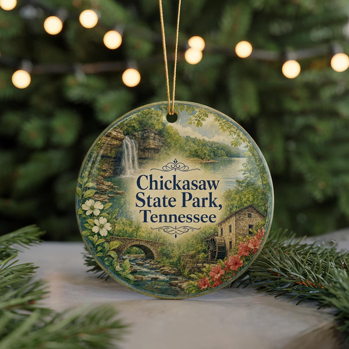 A decorative ornament featuring a scenic landscape of Chickasaw State Park, Tennessee, with a waterfall, bridge, and greenery.